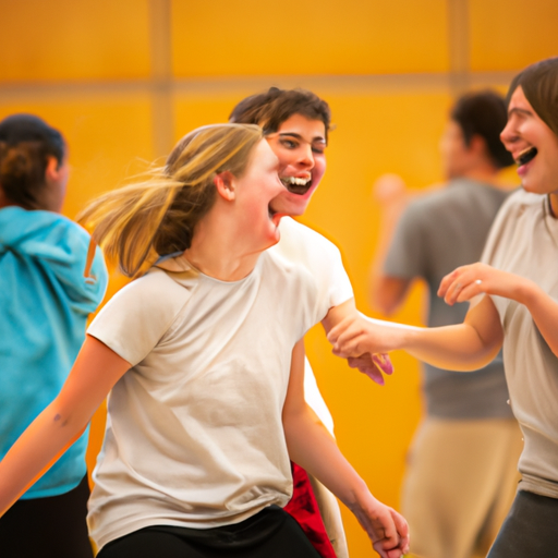 3. תמונה מחממת לב של תלמידים מקיימים אינטראקציה וצוחקים במהלך שיעור ריקוד, מדגיש כישורים חברתיים משופרים ורווחה רגשית.